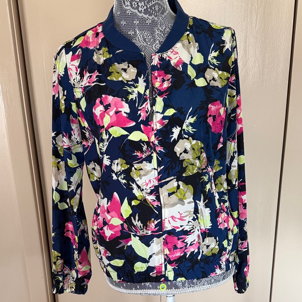 Liz Claiborne Navy Floral Bomber Jacket with Pink & Lime Accents